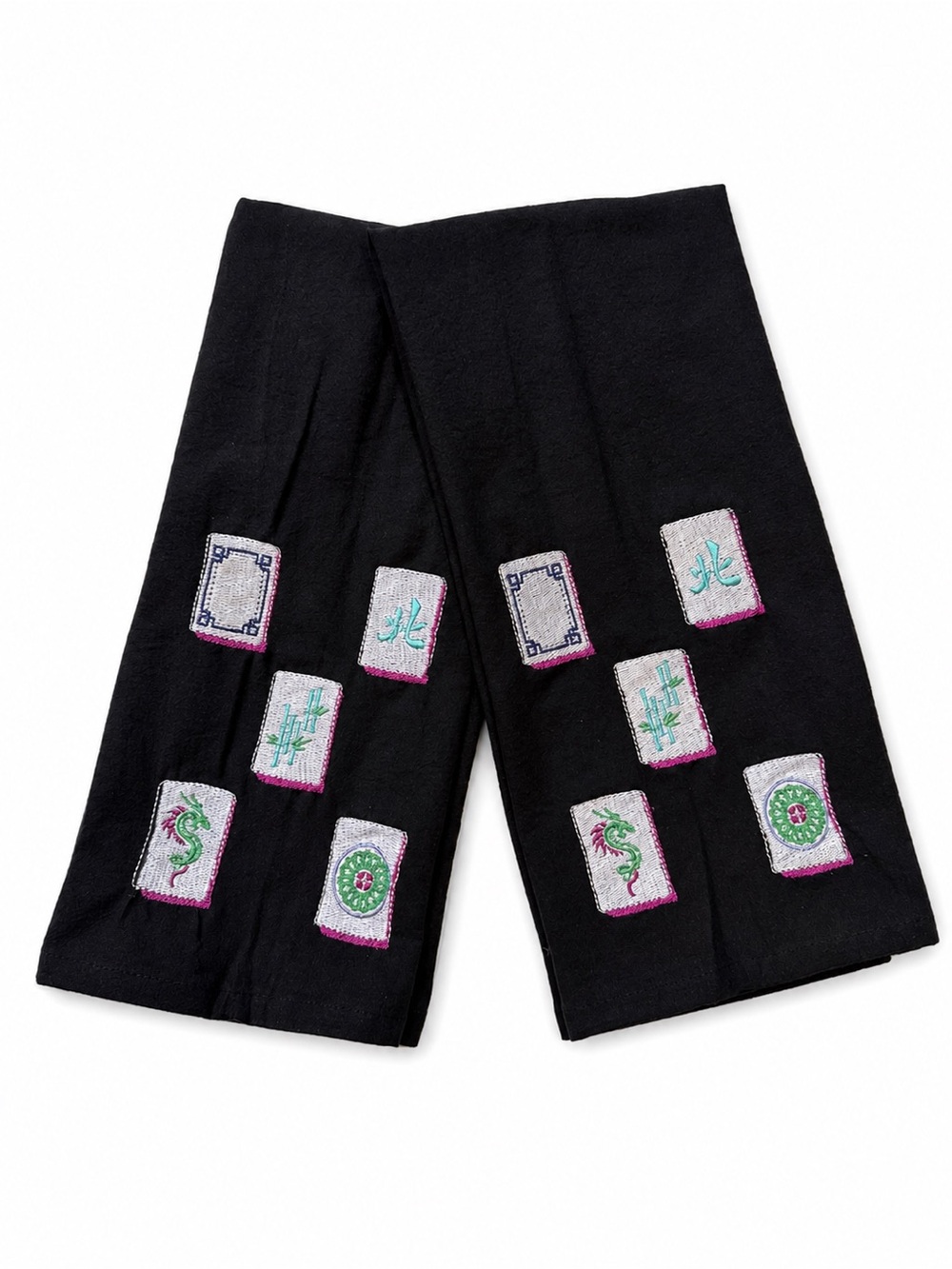 Two (2) Black Kitchen Towel with Mahjong Tile Embroidered Motif